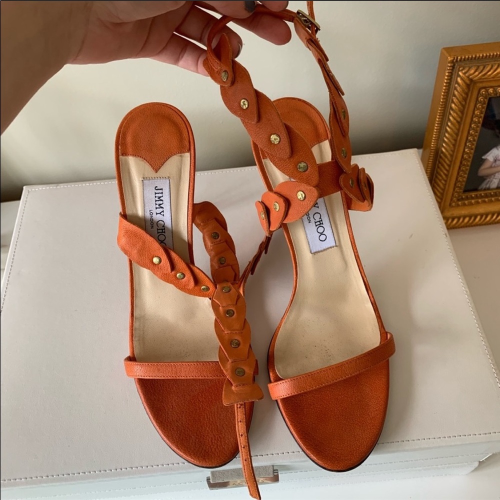 Jimmy Choo Orange & Brass Rivet Lace Sandals - Picture 2 of 8